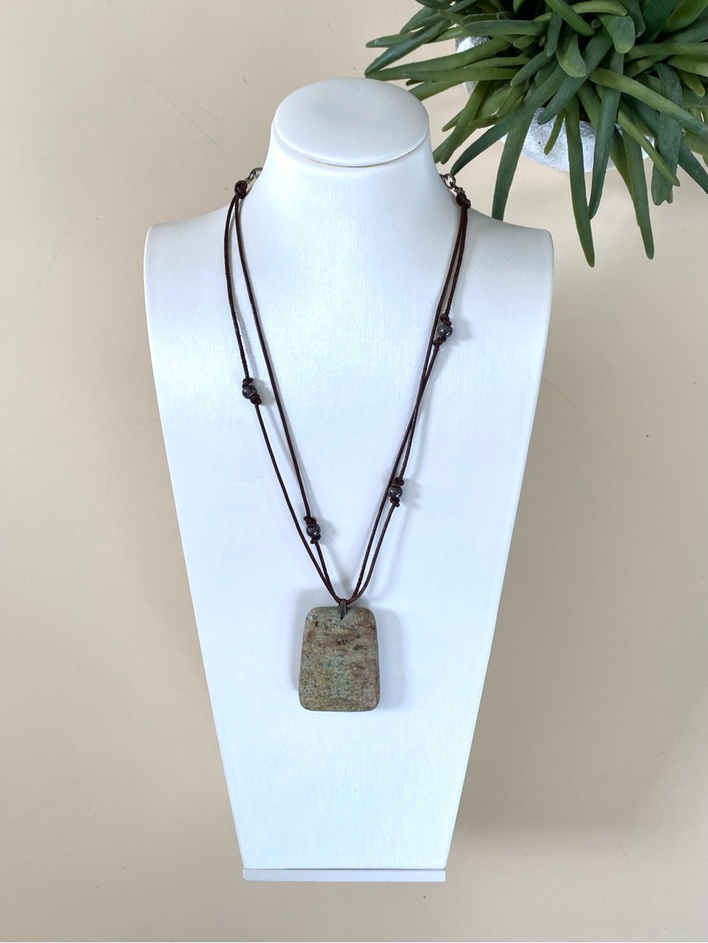 Natural Stone Pendant on Beaded Black Cord Necklace